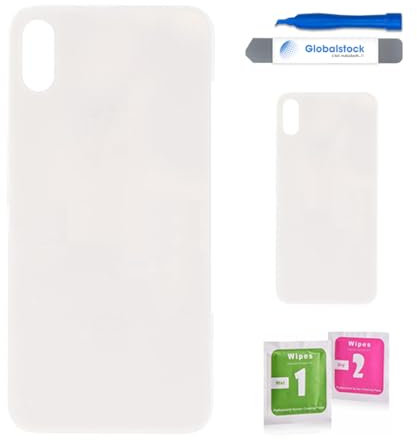 Globalstock Vitre arrière de Cache Batterie Remplacement - Coque Cache Batterie Compatible pour iphone Noir/Blanc/Or/Bleu/Rouge + adhésif et Kit Outils (Blanc, X)
