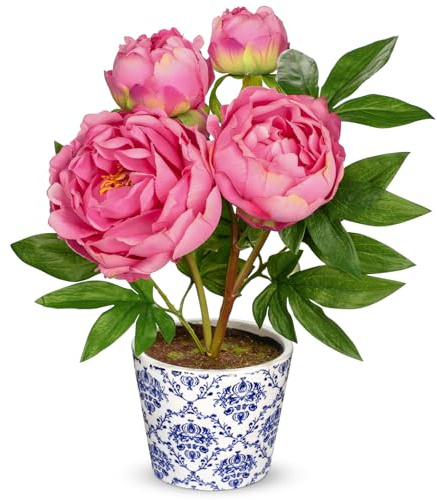 Hollyone 35CM Hot Pink Peonies Artificial Flowers - Fake Peonies in Blue and White Porcelain - Decorative Faux Blooms and Buds for Home Decor, Centerpiece, Wedding, Shelf, Office Decorations