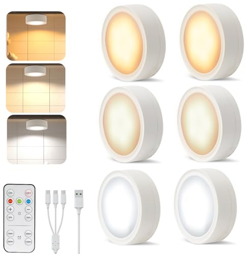 AIBOO 6 Pack LED Puck Lights Wireless Under Cabinet Lights with Remote,Rechargeable Battery Operated Under Cabinet Lighting Magnetic Dimmable Closet, Wireless Under Counter for Kitchen