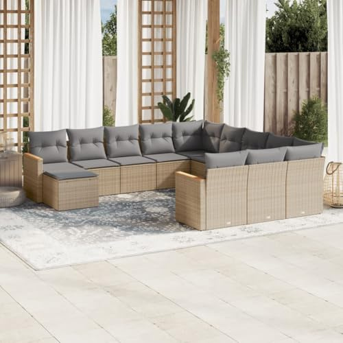 Keyroto 12-TLG Rattan Gartenmöbel Set Gartensofa mit Stauraum Lounge Gartenmöbel Set Gartenlounge Gartensofa Outdoor Sofa Lounge mit Stauraum Gartenlounge Set mit Kissen Poly Rattan Beige