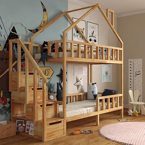 Stolarnia Fojtuch Holz-Etagenbett, Hausbett mit Treppe - Nikola - seitlicher Eingang - Kiefer (200x90)