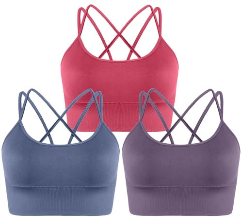 Memoryee Sport BH Damen Große Brüste Push Up Ohne Bügel Kreuz Rücken Rückenfrei Gepolstert Mittlere Unterstützung Crop Top für Yoga Tanz Laufen Radfahren Mehrfarbig3 L