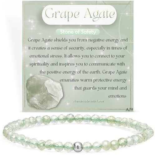 Traubenachat - Sicherheit - Edelstein Perlen Armband für Frauen, 4mm Kristall Silber 925 Naturstein Schmuck Elastisch Armbänder Damen, Chakra Spirituelle Charms Armbänder Geschenke