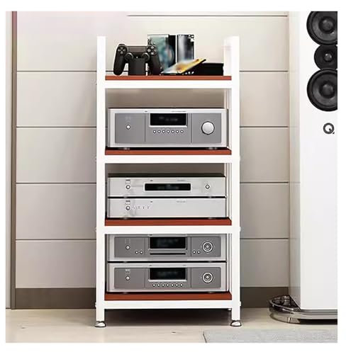 Audio Rack HiFi Regal Modern Audio-Video-Medienständer, 4 Ablageflächen Stereo-Komponenten-Schrank mit Höhenverstellbarem Regal und Rutschfestem Fußpolster, Platzsparend(Teak)
