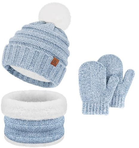 Bequemer Laden Bambino Invernale Cappello Berretto con Pon Pon Caldo Sciarpa Scaldacollo con Fodera in Pile Termici Guanti Manopole per 2-6 Anni Bambina Bimbo