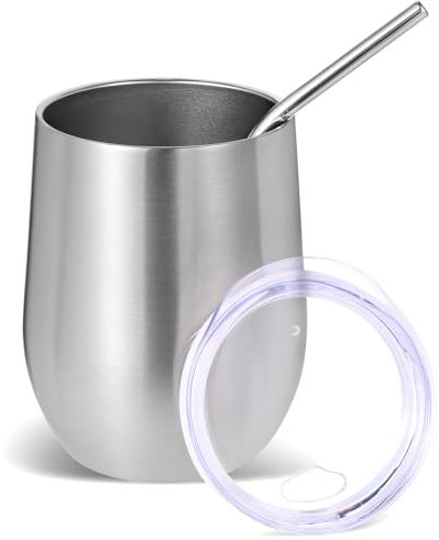 Volhoply Lot de 1 gobelet à vin sans pied en acier inoxydable de 355 ml avec couvercle et paille, gobelet à café de voyage réutilisable pour boissons froides, petit gobelet de voyage pour femme