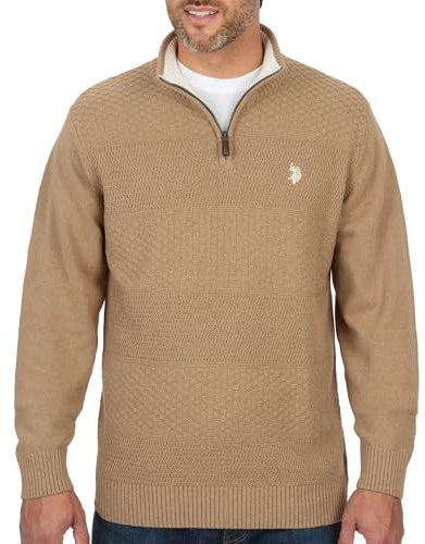 U.S. POLO ASSN. Maglione da uomo a righe con cerniera 1/4, Cigar Heather, M