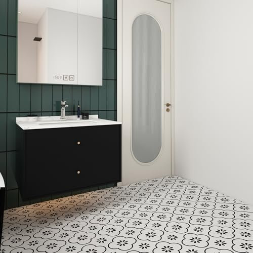 JOLIHOME Blumen-Muster Bodenfliese Schwarz und Weiß Selbstklebend Vinyl Bodenbelag Kontaktpapier Wandaufkleber für Arbeitsplatten Badezimmer Wasserdicht Rutschfest (Amaryllis, 20x20cm, 10 PCS)