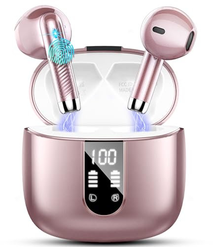 Wireless Earbuds, Bluetooth Headphones 5.4 with ENC Noise Cancelling Mic, 40H Bluetooth Ear buds Stereo Bass with LED Display Charging Case, IP7 Waterproof Wireless Earphones for Android/iOS, Rosegold