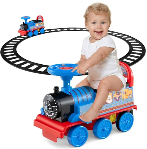 Kids Ride On Train with Track, 6V Battery Powered Electric Toy Car with Lights and Sounds Retractable Footrest Under Seat Storage (Navy)