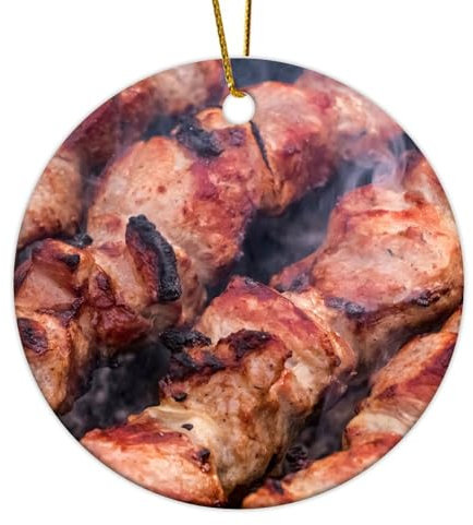 Grill' Master Fleisch-Kebab-Weihnachtsbaumschmuck, Lebensmittelmalerei, Küche, Grill, rund, hängende Ornamente, Keramik-Kreis, personalisierbar, Geschenk für festliche Feiertage, Heimdekoration