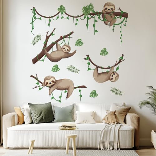 GOMAKERER 2 Blatt 2 Stile Lustige Faultier Wandtattoo Wandaufkleber, Faultier Auf Ast Aufkleber Dekoration Für Tiere Entfernbar Zum Abziehen Aufkleben Für Kinderzimmer Schlafzimmer Klassenzimmer