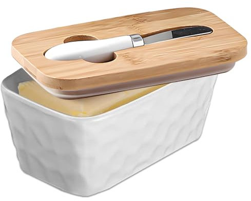 Ceramic Butter Dish, 500ML Metal Butter Dish, Porcelain Butter Container, Ceramic Butter Storage, Butter Keeper with Bamboo Lid and Butter Knife for Butter, Nuts, Cheese(White)