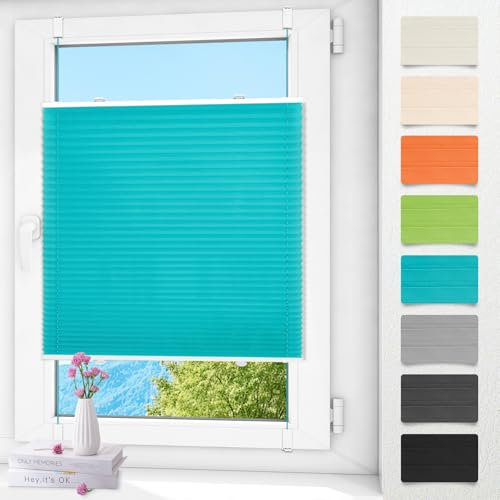 Plissee ohne Bohren klemmfix Türkis 100x130cm Plisseerollo mit Klemmträger Blickdicht easyfix Jalousie Rollo für Fenster und Tür