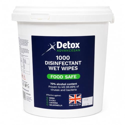 Detox AdvanceSan Disinfectant Alcohol Wipes, 1000 count, FOOD SAFE | Resealable Bucket of Anti-bacterial wet wipes impregnated with min. 70% alcohol