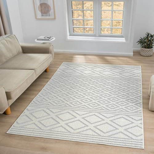 VIMODA Teppich Boho Hochflor Wohnzimmer, Schlafzimmer, Modern Skandinavisch, Waschbarer Teppich 3D, Farbe:Creme, Maße:160x230 cm
