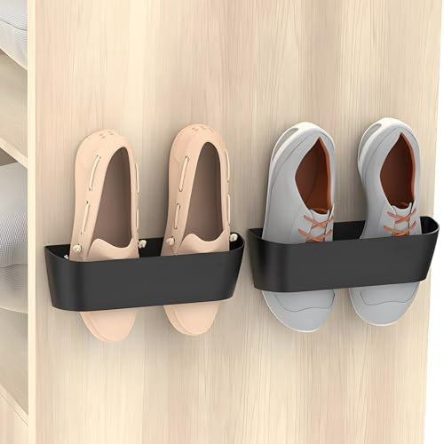 Wall Mounted Shoe Storage,Plastic Shoe Holder,Self Adhesive or Drilling Hook Organiser Shelf,Racks for Hanging Slipper Home Bathroom Kitchen Hallway Entryway Front Door Motorhome,Pack of 2(Black)