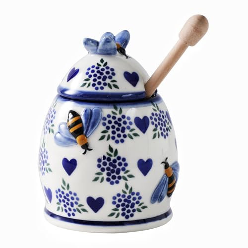 ZOOBEE Ceramic Honey Pots with Dipper and Lid Farmhouse Style,10oz Honey Dispenser No Drip,Handpainted Honey Jars with Bees,Easily Wash-Deep Love