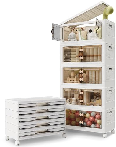 Warmiehomy Storage Box with Lid 69L*5 Tier Plastic Stackable Storage Drawers with Wheels, Foldable Collapsible Lidded Bins Containers, Compact Stacking Crates for Office Home Bedroom Organisation