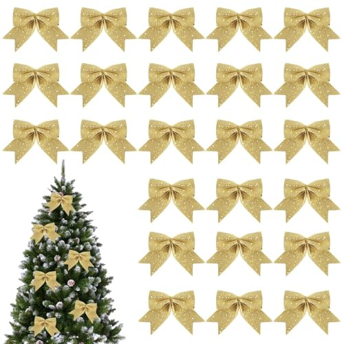 HSHHOOM 24 Pcs Glitter Christmas Bows, Gold Christmas Tree Bows, Small Xmas Tree Decorations, Sequin Bow Ties for Christmas Birthday Party(HDJ-J)