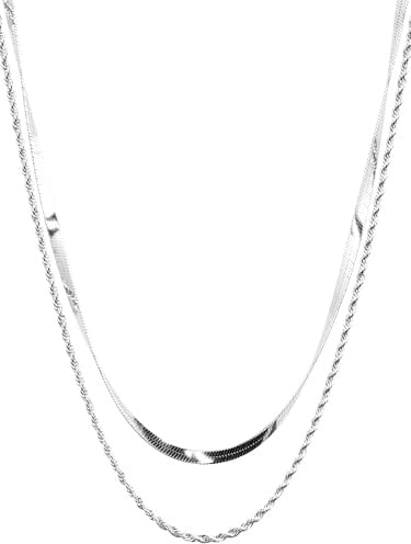 THIORA Doppelreihige Halskette Damen Edelstahl | Layering-Look | Schlangenkette + Kordelkette | 41+5 cm | wasserfest | nickelfrei