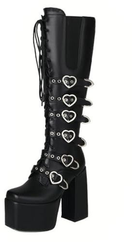 Women's Gothic Knee High Platform Boots Patent Leather Chunky Block Heel Lace Up with Heart Buckles Dark Punk Aesthetic for Fashion Photoshoot Festival Street Style and Daily Wear,Black PU,10 UK