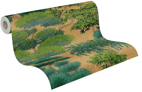 A.S. Création Baum-Vliestapete – Gold, Grün, Metallic – 10,05 x 0,53 m | Natürliches Baum-Motiv als natürlicher Blickfang – schimmernde Motivtapete, einfach zu verkleben & spurlos abziehbar