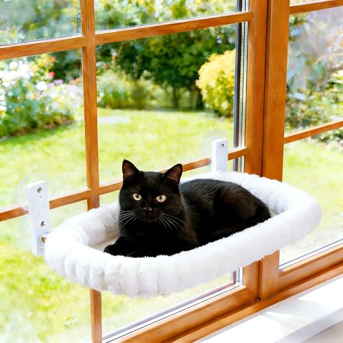 Katzen Fensterliege Faltbar mit 4 Saugnäpfen – Stabiles Katzenbett & Hängematte fürs Fensterbrett bis 20kg | Maschinenwaschbar Weiß/Grau (Weiß, L-52CM)