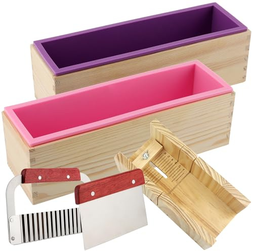 ZOENHOU 5 PCS Silicone Soap Mould Kit with Wooden Box, Rectangle Loaf Soap Making Set, Stainless Steel Wavy Straight Cutter, Pink Purple