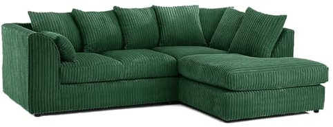 SofaSelection Jumbo Cord Right Hand Corner Sofa, Comfy L-Shape 4 Seater Couch for Family Living Room with Scatter Back Cushions, Soft Cord Fabric Corduroy Settee (Green)