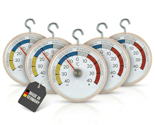 Lantelme 5 Stück Kühlschrankthermometer Set aus deutscher Herstellung | mit Haken und selbstklebend Gefrierschrank Thermometer | Temperaturanzeige + - 40°C (5)