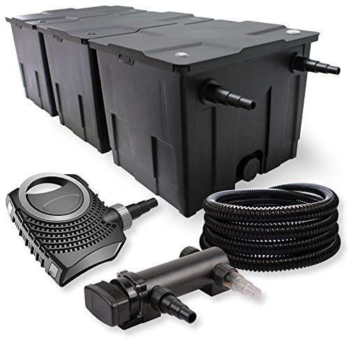 SunSun Komplettset: CBF-350C Teichfilter bis 90000 L Teichfilteranlage als Durchlauffilter, CTF-8000 SuperECO Teichpumpe 8000l/h 70W, CUV-318 Teichklärer UVC Klärer mit 18W, 25m Teichschlauch 25 mm