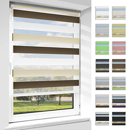 OUBO Doppelrollo Klemmfix ohne Bohren Duo Rollos für Fenster & Türen (Weiß-beige-braun, 45cm x 150cm), Klemmrollo Seitenzugrollo Sicht und Sonnenschutz, Lichtdurchlässig und Verdunkelnd.