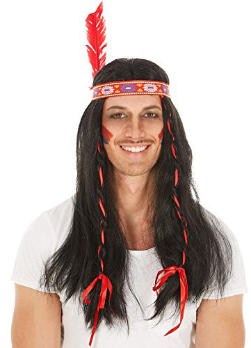 dressforfun Perücke schwarz mit 2 Zöpfen und eingearbeiteten roten Bändern | 70cm | Indinaer Apache Fasching