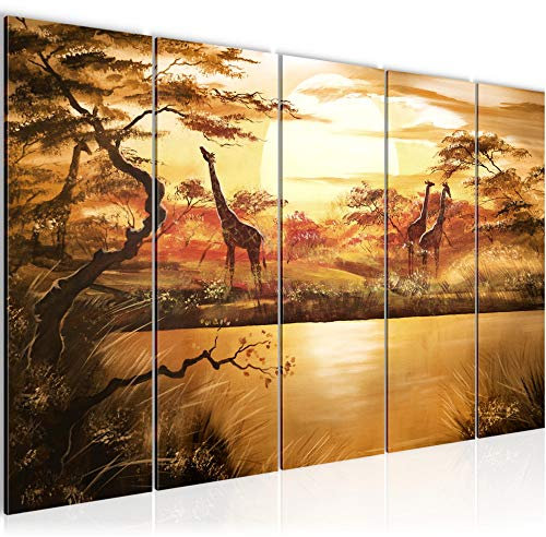 Runa Art Wandbild XXL Afrika Giraffe Wohnzimmer Schlafzimmer 200 x 80 cm Beige 5 Teilig - Made in Germany - 000155a