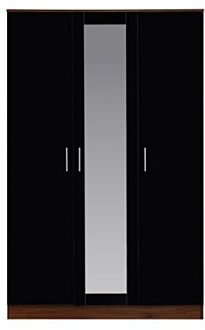 Reflect - 3 Door MIRROR Wardrobe with 4 Shelves and Handing Rail for Bedroom (H: 180cm x W: 113cm x D: 47cm) (Black Gloss/Walnut)