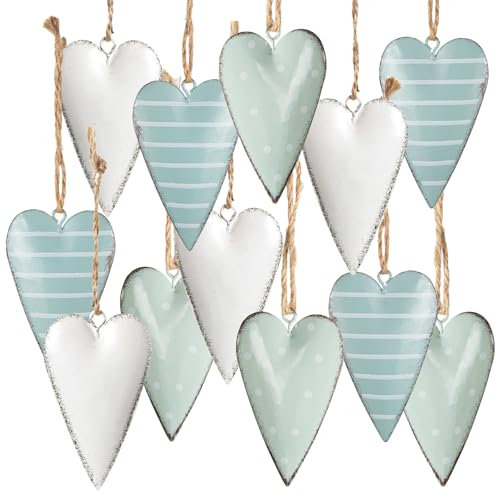 Deko Herzen zum Aufhängen, 12er Set: Herzanhänger Metall, Metallherzen Anhänger, Dekoherzen Hochzeit, Sommer, Taufe, Hochzeitssdeko Zweige, Blechherzen Hängedeko, Dekoanhänger Herz, Blau & Weiß, 7 cm