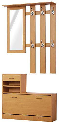 HOMCOM Ensembles 3 en 1 de Meuble d'entrée vestiaire avec Panneau Porte-Manteau, Miroir et Banc à Chaussures - 6 Crochets et étagère réglable, Bois Clair