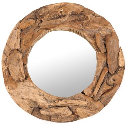 DESIGN DELIGHTS RUNDER WANDSPIEGEL Teak 60 | Teakholz (erodiert), Natur, Ø 60 cm | Treibholzspiegel mit Holzrahmen