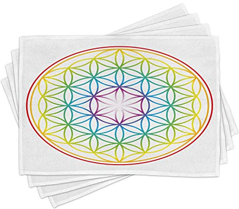 ABAKUHAUS Bunt Platzmatten, Blume des Lebens Muster Leuchtende Farben Kosmische Dimension Raum Formen Kunstvoller Druck, Waschbare Stoff Esszimmer Küche Tischdekorations Digitaldruck, Rot Weiß