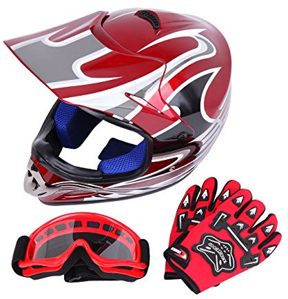 Samger DOT Youth Bambini Off Road Casco da Cross Caschi Dirt Bike ATV Casco da Moto Guanti+ Occhiali (L, Rosso)