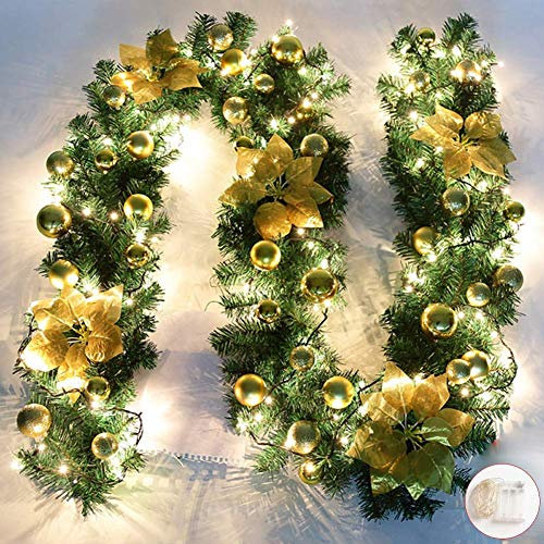Queta 2,7M Weihnachtsgirland Tannengirland Weihnachtdekoration mit Gloden Blumen Weihnachtsdeko-LED Lampen schöne Feiertag-Dekoration für Treppen, Wand, Türen In-Out Door