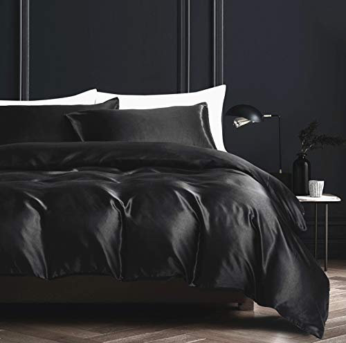 Damier Satin Bettwäsche 135x200cm Schwarz Bettbezug Set 4 Teilig Hochwertiges Satin Deckenbezug mit Reißverschluss und 2 Kissenbezüge 80 × 80 cm