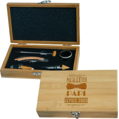 CADEAUX.COM - Coffret Sommelier Meilleur Grand-père - 5 Accessoires - Tire Bouchon - Bec Verseur - Thermomètre - Stop Gouttes - Bouchon - Idée Cadeau Personnalisé avec Prénom Et Message