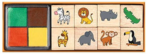 Moses Wilde Tiere Stempelset für Kinder | 8 verschiedene Stempel aus Holz | Set mit Kinderstempeln und vierfarbigem Stempelkissen | In praktischem Geschenkkarton mit Sichtfenster