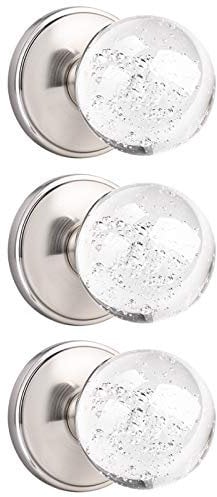 Orger Passage Door Knobs 3 Pack, Keyless Non-Locking Door Handles for Hallway or Closets, Crystal Door Knobs for Passage Function, Round Clear Bubble Glass Knob with Round Satin Nickel Rosette