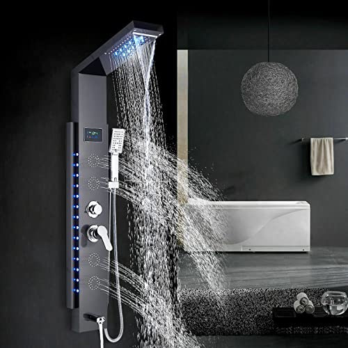 AWorddy LED Colonna Doccia Idromassaggio Miscelatore per Vasca con 5 Funzioni Pannello Doccia Set in 304 Acciaio Inox Sistema Set Doccia con Soffione Fisso,Massaggi,Doccetta e Bocca Vasca,Nera
