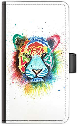 Rainbow Tiger For Apple iPhones, 16, 15, 14,13, 12, 11, Pro Max, Mini, XR, XS, SE, PU Leather Side Flip Wallet Phone Case, Watercolour Art Print Phone Cover