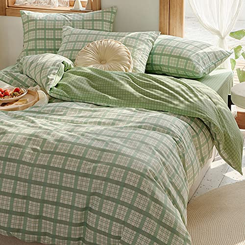 Omela Bettwäsche 140x200 Grün Kariert Microfaser Bettbezug mit Reißverschluss Landhausstil Karomuster Wendebettwäsche Set und Kissenbezug 70x90 cm 2 Teilig