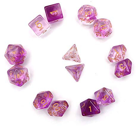 Fasizi Set di dadi poliedrici trasparenti per giochi da tavolo, 2 set di 7 pezzi (14 pezzi) serie D20 D12 D10 D8 D6 D4 DND dadi DND RPG MTG doppi colori viola
